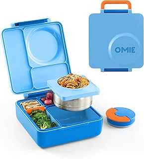 OmieBox Bento Box for Kids - Insulated Lunch Box with Leak Proof Thermos Food Jar - 3 Compartments, 2 Temperature Zones (Blue Sky)