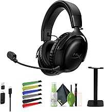 Cloud III Wireless - Gaming Headset for PC, PS5, PS4 with Mic, up to 120-hour Battery, 10mm Detachable Microphone Bundle with Cleaning kit + Headphone Stand (Black/Red)