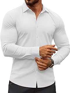 Men's Muscle Fit Dress Shirts Wrinkle-Free Long Sleeve Casual Button Down Shirts