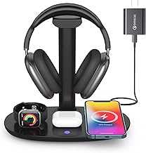 Headphone Stand with 15w Wireless Charger, Suguder 4 in 1 Charging Station Headset Holder for AirPods Max/Pro/4/3/2 iWatch 10/9/8/7/6/5/4/3/2/1/SE iPhone 16/15/14/13/12/11/X for Desktop Table Game