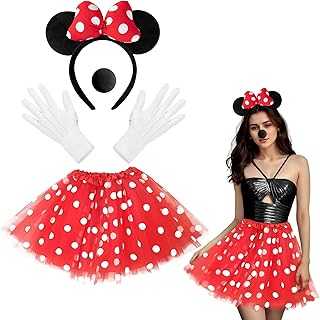 4PCS Mouse Costume Accessories, Mouse Ear Headband 4 Layers Red Polka Dot Tutu Women Mouse Costume Adult Girls with Gloves Black Nose for Halloween Christmas Dress Up