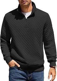 Mens Quarter Zip Pullover Quilted Sweatshirt Knit Long Sleeve Mock Neck Sweater Polo with Pocket