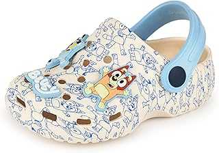 Bluey Boys Clogs Kids Slip On Footwear Novelty Charms in Tan & Blue All Over Print Sandals Sliders with Adjustable Strap