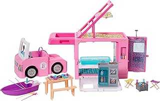 Camper Playset, 3-in-1 DreamCamper with Pool & 50 Accessories, Transforms into Doll-Sized Truck, Boat & House (Amazon Exclusive)