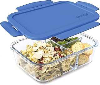 Glass Lunch Box - Leak-Proof Bento-Style Food Container with Airtight Lid and Divided 3-Compartment Design - 5 Cup Capacity for Meal Prepping, and Portion-Controlled Meals for Adults (Blue)