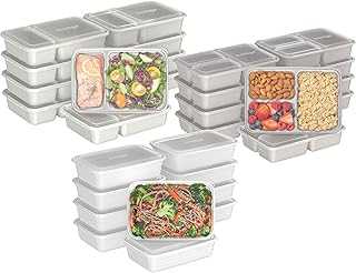 Prep 60-Piece Meal Prep Kit - Reusable Food Containers 1-Compartment, 2-Compartment, & 3-Compartments for Healthy Eating - Microwave, Freezer, & Dishwasher Safe (White Stone)