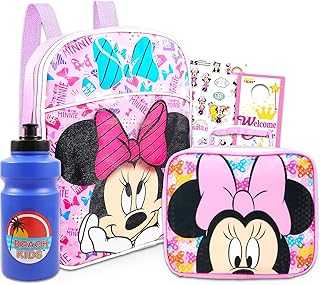 Minnie Mouse Backpack and Lunch Box Set - Bundle with Mini 11" Minnie Backpack, Minnie Mouse Lunch Box, Water Bottle, Stickers, More | Minnie Mouse Backpack for Girls