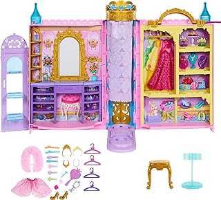 Disney Princess Toys, Doll Closet Playset with 2 Fashions, 25 Accessories, Vanity, Dressing Room, Runway & Storage, Opens to 2 Feet, Movie-Inspired