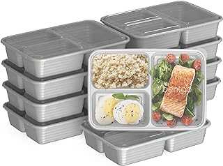 20-Piece Lightweight, Durable, Reusable BPA-Free 3-Compartment Containers - Microwave, Freezer, Dishwasher Safe - Silver