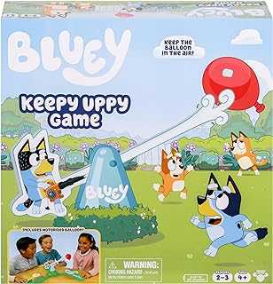 Bluey Keepy Uppy Game. Help, Bingo, and Chilli Keep The Motorized Balloon in The Air with The Character Paddles for 2-3 Players. Ages 4+