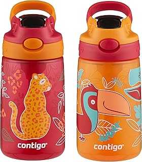 Aubrey Kids Water Bottle with Silicone Straw and Spill-Proof Lid, 14 oz, 2 Pack, Cheetahs & Toucans