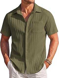 Mens Casual Shirts Short Sleeve Button Down Shirts Fashion Textured Summer Beach Shirt