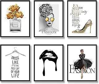 Fashion Wall Art Print Set of 6 Pieces Canvas Wall Art Black and White Fashion Poster Modern Woman Perfume Lips Highheeled Shoes Pictures for Bedroom Living Room Girls Gorgeous Wall Decor (8x10