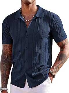 Men's Knit Shirts Short Sleeve Button Down Polo Shirt Fashion Casual Summer Beach Shirts