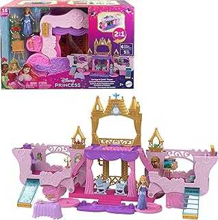 Disney Princess Toys, Carriage to Castle Transforming Playset with Aurora Small Doll, 3 Levels, 6 Play Areas, 4 Figures, Furniture & Accessories