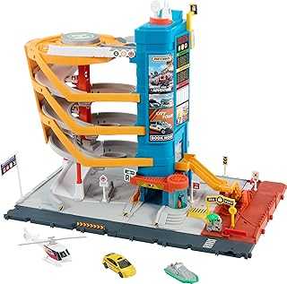 Toy Vehicles & Playset, Transportation Center with 5 Levels, Kid- & Car-Activated Features, 1:64 Scale Taxi, Boat & Helicopter & Food Vendor