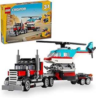 Creator 3 in 1 Flatbed Truck with Helicopter Toy, Transforms from Flatbed Truck Toy to Propeller Plane to Hot Rod and SUV Car Toys, Gift Idea for Boys and Girls Ages 7 Years Old and Up, 31146