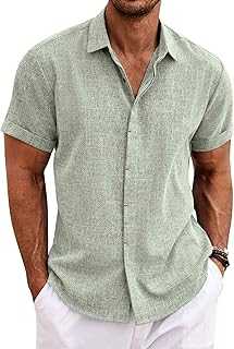 Men's Casual Shirts Button Up Shirt Linen Summer Beach Outfit Yoga Tee Light Green Large