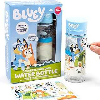 Bluey Decorate Your Own Water Bottle, Repositionable Stickers, Great For Bluey Birthday Parties, Summer Sports, and More, Reusable BPA-Free Water Bottle for Kids Ages 3, 4, 5, 6