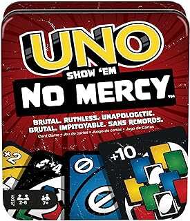 UNO Show ‘em No Mercy Card Game in Storage & Travel Tin for Kids, Adults & Family Night with Extra Cards, Special Rules & Tougher Penalties (Amazon Exclusive)