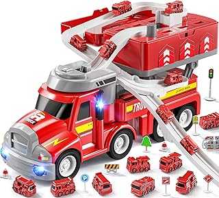 Fire Truck Kids Toys for 3 4 5 6 Year Old Boys, Toddler Car Adventure Toys for Boys, Car Carrier Toy with 8 Mini Vehicles, Movable Truck Station Toys Race Track, Birthday Gifts for Kids Aged 3-8