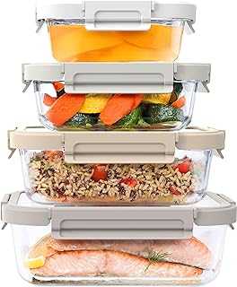 Glass Leak-Proof Food Storage Set - 8 Piece Stackable 1-Compartment Meal Prep Containers & Airtight Locking Lids, Reusable, BPA-Free, Microwave, Freezer, Oven, Dishwasher Safe (White Stone)