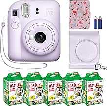 Fujifilm Instax Mini 12 Instant Camera + MiniMate Accessory Bundle & Compatible Custom Case + Fuji Instax Film Value Pack (50 Sheets) Flamingo Designer Photo Album (Lilac Purple)