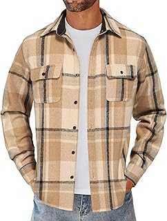 Men's Flannel Shirts Long Sleeve Cotton Plaid Shirt Jacket Casual Button Down Shirt with Pockets