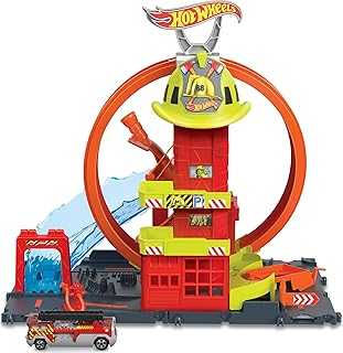 City Toy Car Track Set, Super Loop Fire Station & 1:64 Scale Firetruck, Connects to Other Sets