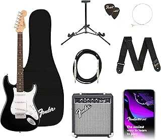 Squier Debut Series Stratocaster Electric Guitar Kit, Beginner Guitar Kit, with 2-Year Warranty, with Padded Gig Bag, Frontman 10G Amp, Guitar Strap, and More, Includes Free Lessons, Black