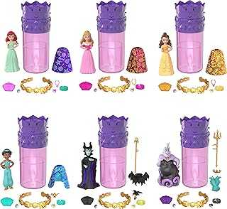 Disney Princess Toys, Small Doll Surprise, Royal Color Reveal, 6 Surprises Include Doll, Bracelet & 4 Pieces, Princess or Villain Series (Dolls May Vary)