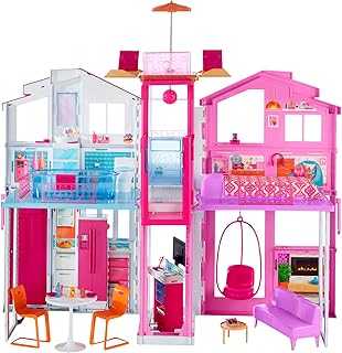 Doll House Playset, 3-Story Townhouse with 4 Rooms & Rooftop Lounge, Furniture & Accessories Including Swinging Chair (Amazon Exclusive)