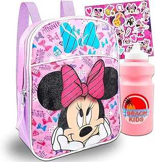 Minnie Mouse Mini Backpack For Girls, Kids ~ 3 Pc Bundle With 12" Minnie School Bag, Water Bottle, Stickers, and More (Minnie Mouse School Supplies Set)