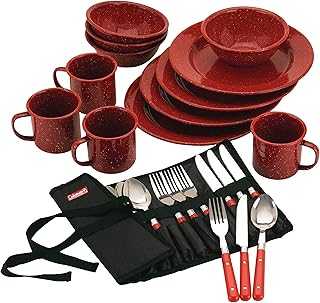 24-Piece Enamel Dinnerware Set, Durable Dishes & Utensils for Camping & Outdoor Use, Dishwasher Safe with Included Carry Pouch for Camping, Tailgating, Picnics & More