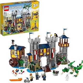 Creator 3 in 1 Medieval Castle Toy, Transforms from Castle to Tower to Marketplace, Includes Skeleton and Dragon Figure, with 3 Minifigures and Catapult, 31120