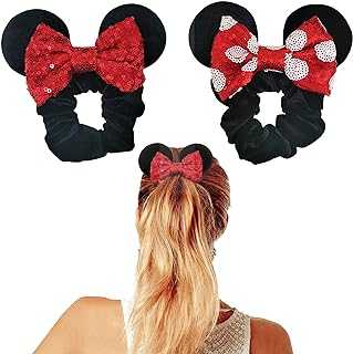 2pk Mouse Ear Scrunchies for Kids Velvet Hair Bow Scrunchies for Women - Sparkle Sequins Mouse Hair Bands for Pony Tail (Red Black)