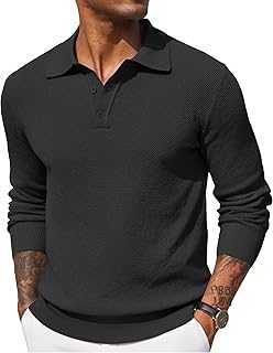 Mens Knit Polo Shirts Long Sleeve Casual Polo Sweaters Shirt Waffle Textured Collared Sweater