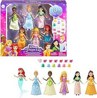 Disney Princess Toys, Small Doll Party Set with 6 Posable Princess Dolls in Sparkling Clothing & 13 Tea Time Accessories