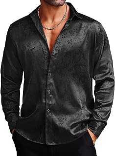 Men's Silk Satin Dress Shirts Jacquard Long Sleeve Floral Button Up Shirts Party Prom Wedding Shirt