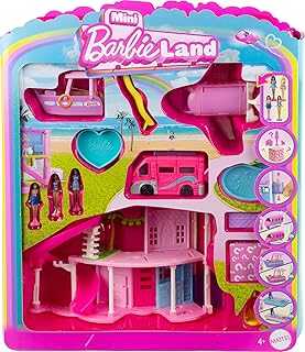 Mini BarbieLand DreamHouse & 3-Vehicle Playset with 4 1.5-Inch Dolls, Doll House Furniture & Accessories, Includes DreamCamper, Boat & Plane