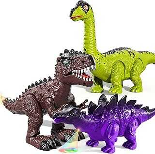 3 Pack Electric Walking Dinosaur Toys for Toddlers 2-4 3-5 Years with Roar Sounds and Lights Up, Realistic Robot T-Rex, Brachiosaurus, Stegosaurus Dinosaur Figures for Kids