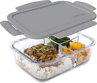 Glass Lunch Box - Leak-Proof Bento-Style Food Container with Airtight Lid and Divided 3-Compartment Design - 5 Cup Capacity for Meal Prepping, and Portion-Controlled Meals for Adults (Gray)