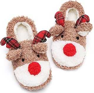 Women's Cute Fuzzy Reindeer House Slippers Stuffed Animal Bedroom Slippers Cozy Christmas Indoor Shoes