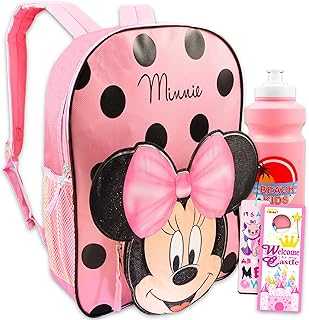 Minnie Mouse Backpack for Toddlers ~ 12" Minnie Mouse School Bag with 3D Ears and Bow, Water Bottle, and More (Minnie Mouse School Supplies Bundle)