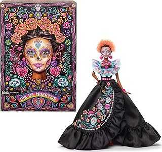 Signature Doll, 2024 Día De Muertos Collectible in Black Dress with Blue Ruffle Top, Embroidered Print, and Colorful Accessories