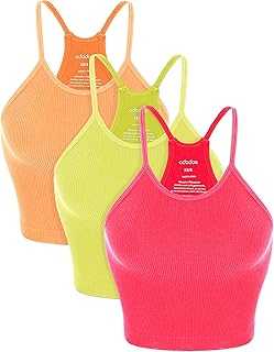 ODODOS Women's Crop 3-Pack Seamless Rib-Knit Camisole Crop Tank Tops