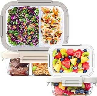 Glass Leak-Proof Meal Prep Set - 8-Piece Lunch & Snack 1 & 2-Compartment Glass Food Containers with Glass Lids - Reusable, BPA-Free, Microwave, Freezer, Oven & Dishwasher Safe (White Stone)