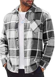 Mens Flannel Shirt Long Sleeve Lightweight Plaid Shirt Casual Button Down Shirts Jacket