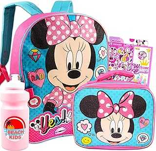 Minnie Mouse Backpack with Lunch Box for Girls 5 Pc Bundle ~ Deluxe 16" Minnie Bag, Insulated Lunch Bag, Stickers, and More (Minnie Mouse School Supplies) (Minnie Mouse Blue)