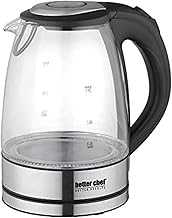Better Chef Cordless Electric Kettle | 7-Cup Borosilicate Glass | LED Light | Thumb On-Off and Lid Open | 360-deg Swivel Base | Auto Boil-Dry Shut-Off | Stainless
